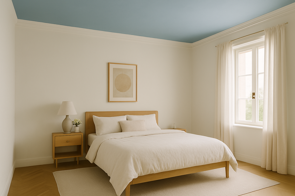 Camera da letto con soffitto colorato azzurro