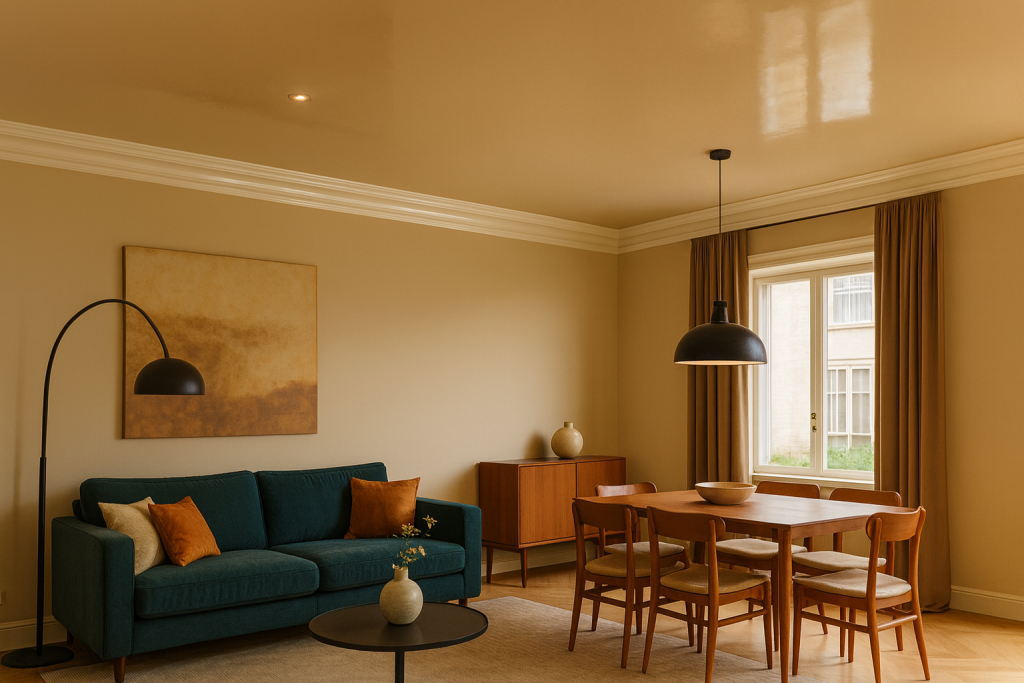 Salotto open space in stile classico con soffitto colorato argilla
