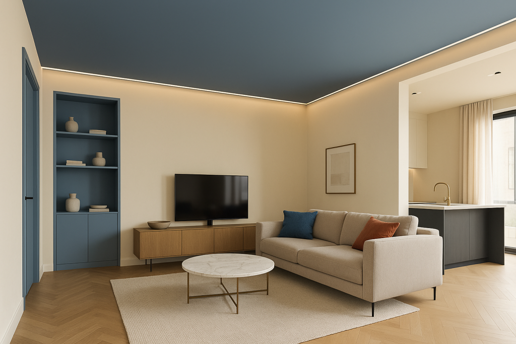 Salotto open space in stile moderno con soffitto colorato